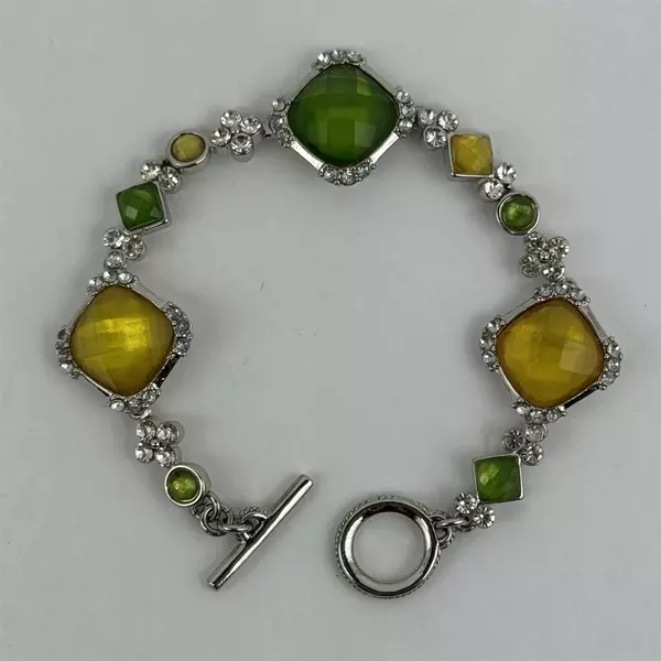 Silver-Tone Bracelet With Citrine And Peridot Rhinestones Toggle Clasp 8"