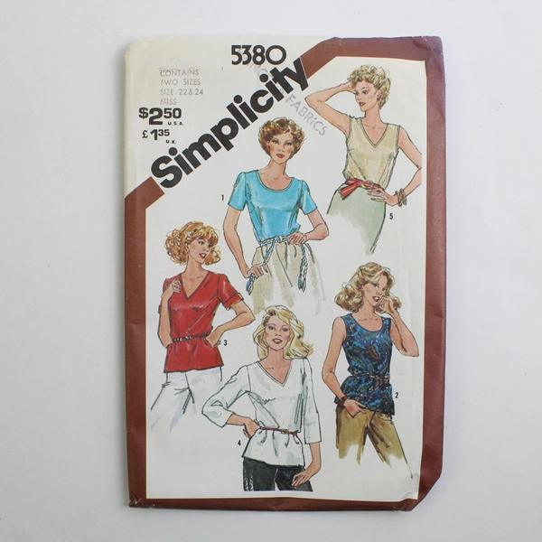 Simplicity 5380 Pullover Tops Patterns Women's Size 22 & 24 (1981)
