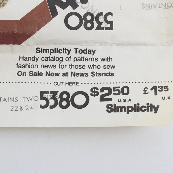 Simplicity 5380 Pullover Tops Patterns Women's Size 22 & 24 (1981)