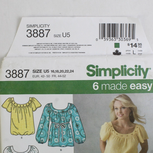 Simplicity 3887 Pullover Tops Patterns Women's Size U5 (16, 18, 20, 22, 24) 2007