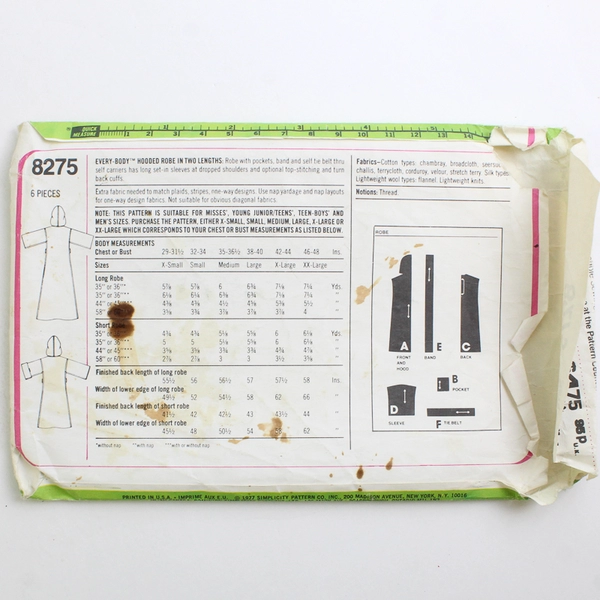 Vtg Simplicity 8275 Everybody Robes Patterns Unisex Adult Size X Large (1977)