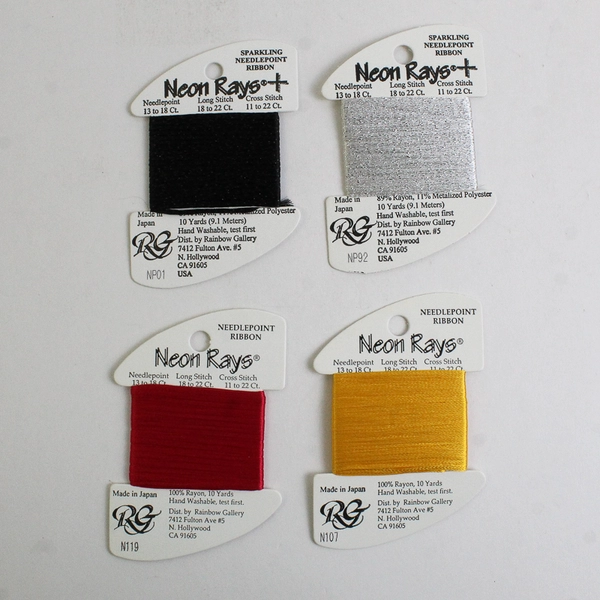 New Lot 4 Neon Rays Needlepoint Ribbon - 2 sparkling, 10 Yds. ea. Asst'd Colors