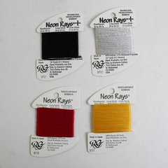 New Lot 4 Neon Rays Needlepoint Ribbon - 2 sparkling, 10 Yds. ea. Asst'd Colors