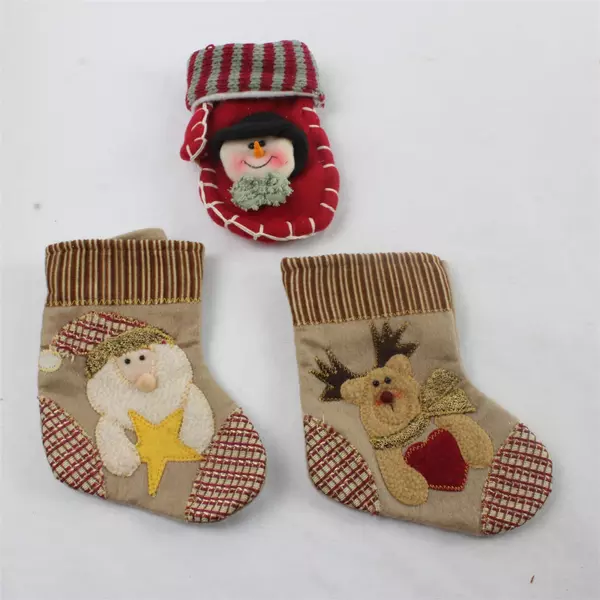 Lot of 3 Felt 3D Mini Christmas Stockings & Snowman Mitten Holiday Decor