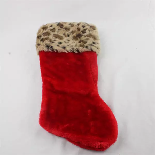 Red and Leopard Print Christmas Stocking Fuzzy 18"x 9" Holiday Animal Print