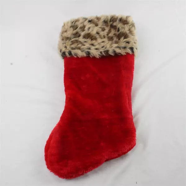 Red and Leopard Print Christmas Stocking Fuzzy 18"x 9" Holiday Animal Print