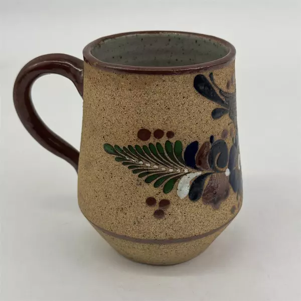 Handmade Brown Tonala Pottery Mug bird And Floral Pattern Signed