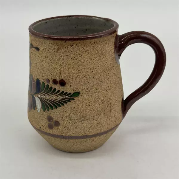 Handmade Brown Tonala Pottery Mug bird And Floral Pattern Signed