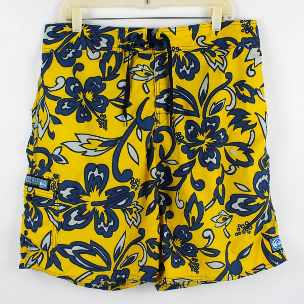 Quicksilver Board Shorts Men's 34 Yellow and Blue Floral Swim Trunks