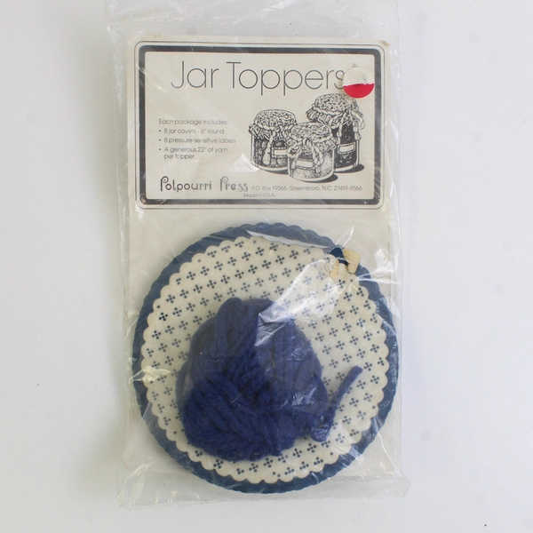 NIP Potpourri Press Blue and Off-White Jar Top Covers