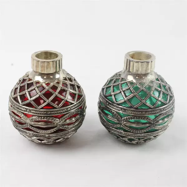 Lot Of 2 Godinger Silver Plate Filigree Green Red Glass Christmas Ball Ornaments
