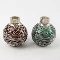 Lot Of 2 Godinger Silver Plate Filigree Green Red Glass Christmas Ball Ornaments