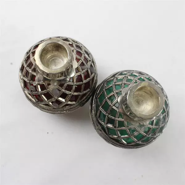 Lot Of 2 Godinger Silver Plate Filigree Green Red Glass Christmas Ball Ornaments