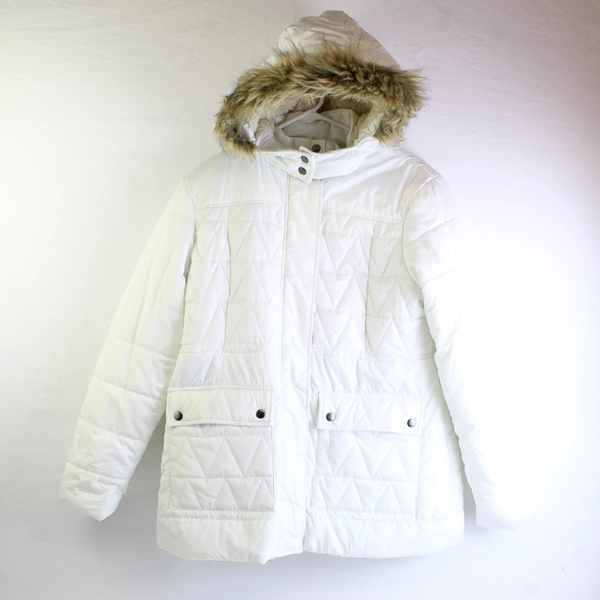 Arizona Jean Co. White Puffer Jacket Fur Trim Hood Women's Size XL