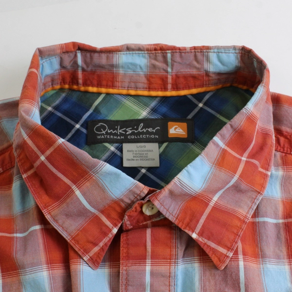 Quiksilver Orange and Blue Short-Sleeve Button-Up Men's Size Large