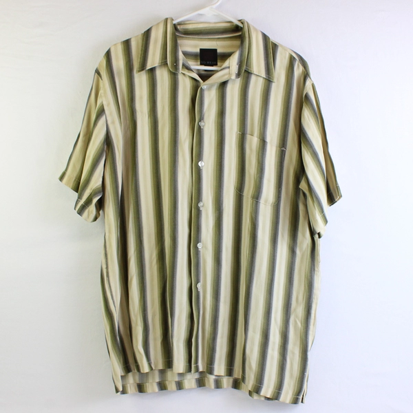 SQ Wear Beige Green and Gray Striped Short-Sleeve Button-Up Men's Size Large