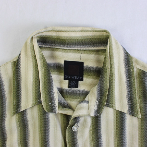 SQ Wear Beige Green and Gray Striped Short-Sleeve Button-Up Men's Size Large