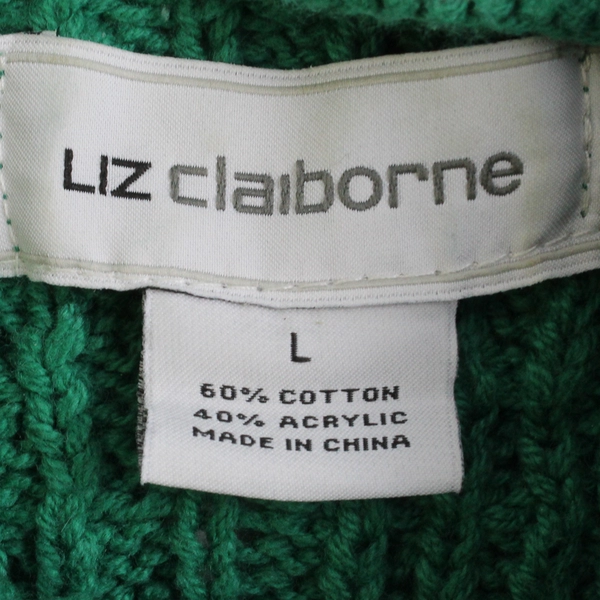 Liz Claiborne Women's L Green Cable Knit Pullover Mock Neck Sweater