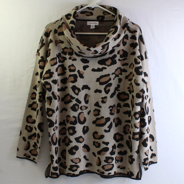 Calvin Klein Women's L Leopard Draped Turtleneck Dolman Sleeve Sweater