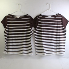 Lot of 2 Liz Claiborne Women's XL Brown and White Striped Round Neck Cap Sleeve