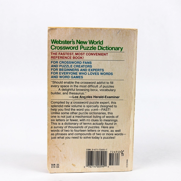 Webster's New World Crossword Puzzle Dictionary Jane Shaw Whitfield 1977 PB