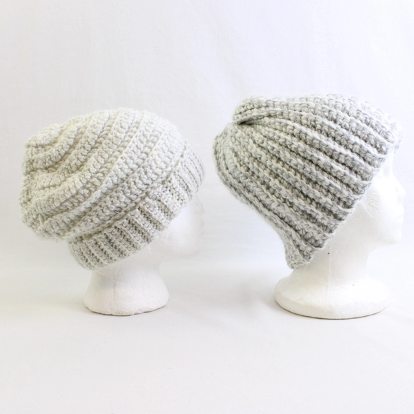Lot of 2 Handmade Adult White Gray Crochet Beanies Warm Winter Hats