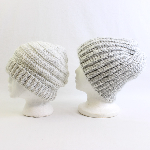 Lot of 2 Handmade Adult White Gray Crochet Beanies Warm Winter Hats