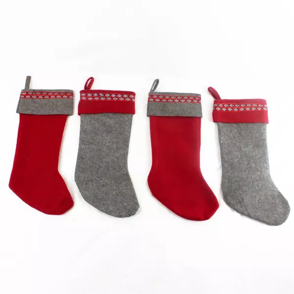 Set of 4 Felt Christmas Stockings 14.5" Red & Grey Holiday Decor
