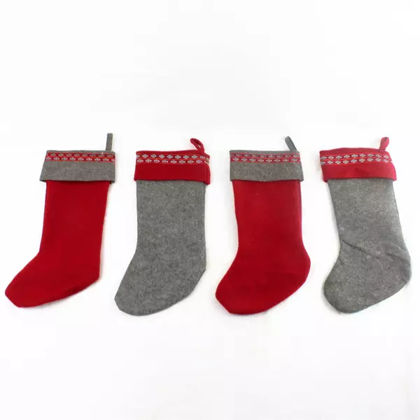 Set of 4 Felt Christmas Stockings 14.5" Red & Grey Holiday Decor