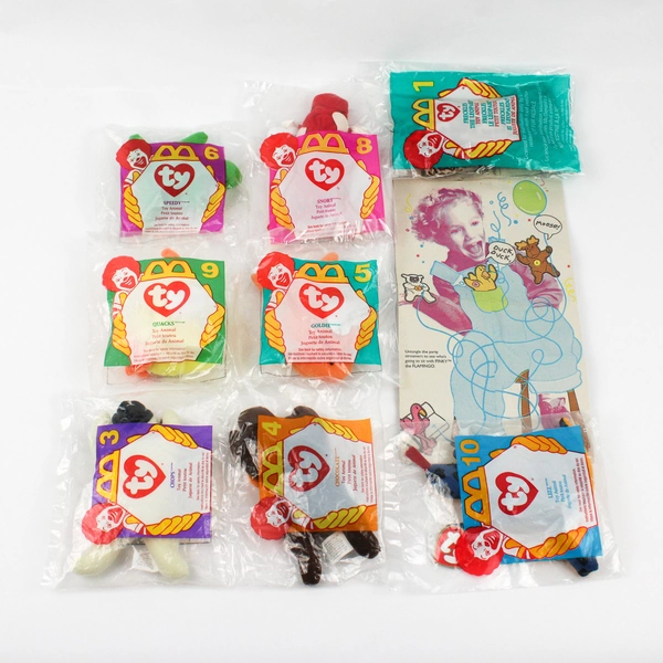 Lot Of 9: 1 McDonalds Kids Meal Bag & 8 Ty Teenie Beanie Babies 1993 Sealed