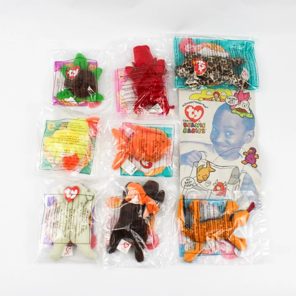 Lot Of 9: 1 McDonalds Kids Meal Bag & 8 Ty Teenie Beanie Babies 1993 Sealed