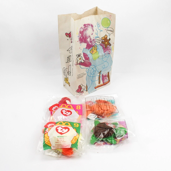 Lot Of 9: 1 McDonalds Kids Meal Bag & 8 Ty Teenie Beanie Babies 1993 Sealed