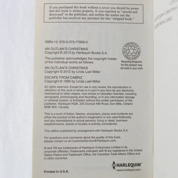 An Outlaw's Christmas & Escape From Cabriz by Linda Lael Miller - Good