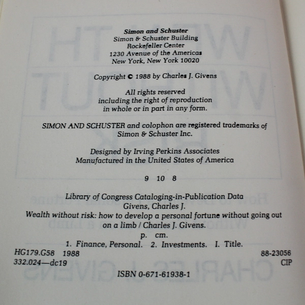 Wealth Without Risk by Charles J. Givens 1988 Hardcover with Dust Jacket