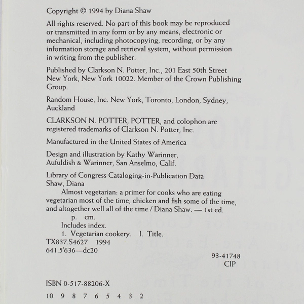 Almost Vegetarian Cookbook by Diana Shaw 1994 - Good Condition