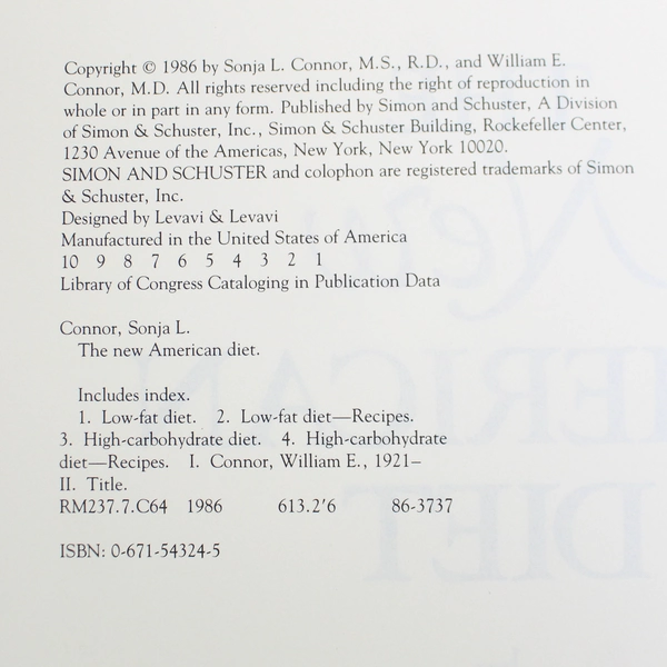 The New American Diet by Sonja L. & William E. Connor 1986 Good Condition