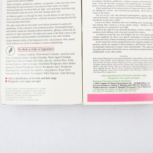 Set of 2 VHS Tape George Harrison Bird Videos with Roger Tory Peterson