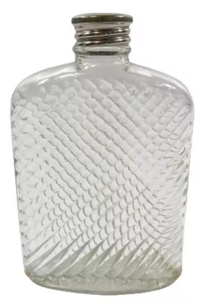 Liquor Clear Glass Hip Flask by Universal Feb 8th 1927 Metal Lid Vintage