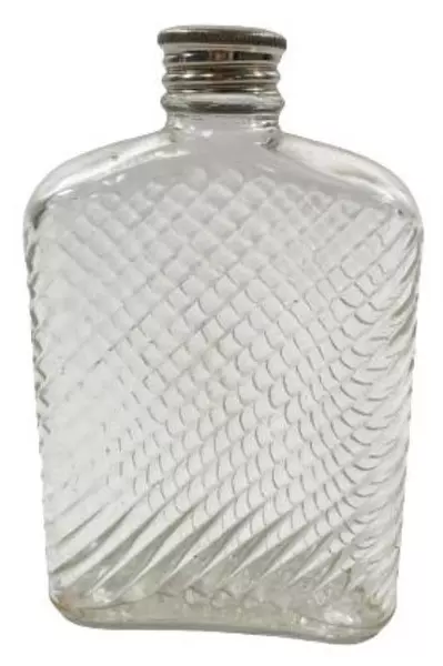 Liquor Clear Glass Hip Flask by Universal Feb 8th 1927 Metal Lid Vintage