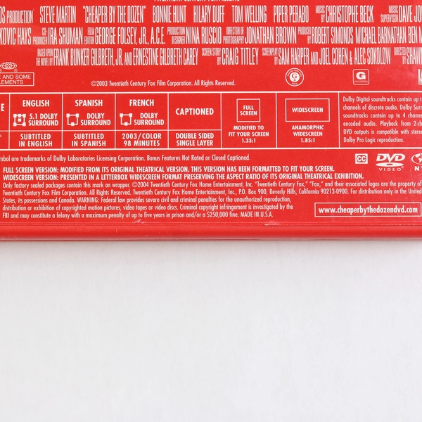 Cheaper By The Dozen Starring Steve Martin 2003 DVD Full & Widescreen Versions