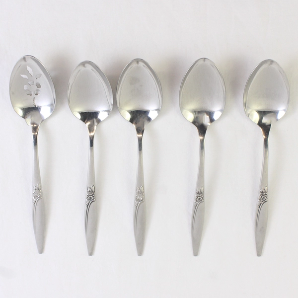 Lot of 5 Oneida Highland Rose Serving Spoons Set Stainless Steel Glossy Finish