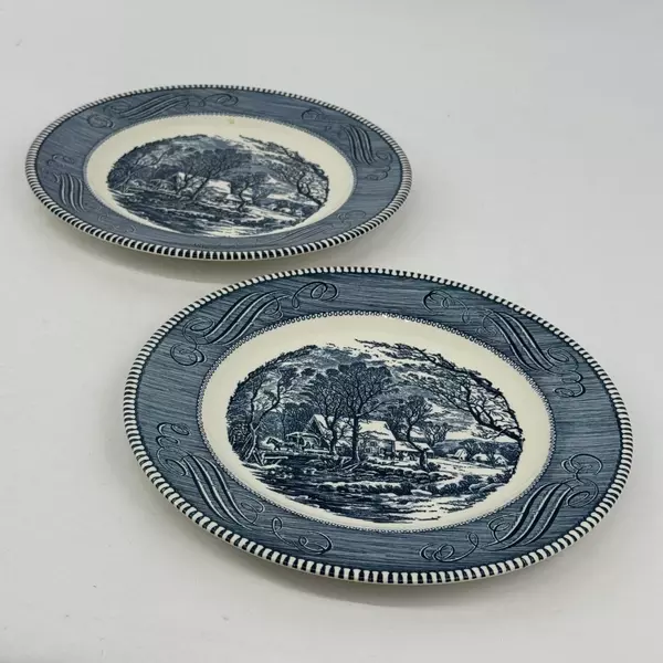 Set of 2 Royal China Currier & Ives Old Grist Mill Dinner Plates 10.5 Inch