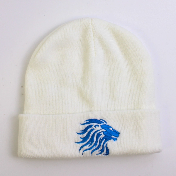 Unisex Pacific White Knit Hat With Embroidered Blue Lion Accent One Size