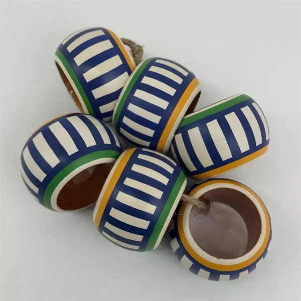 Set of 6 White Blue Striped Wooden Napkin Rings Hand Painted India
