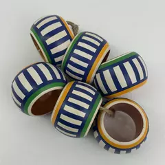 Set of 6 White Blue Striped Wooden Napkin Rings Hand Painted India
