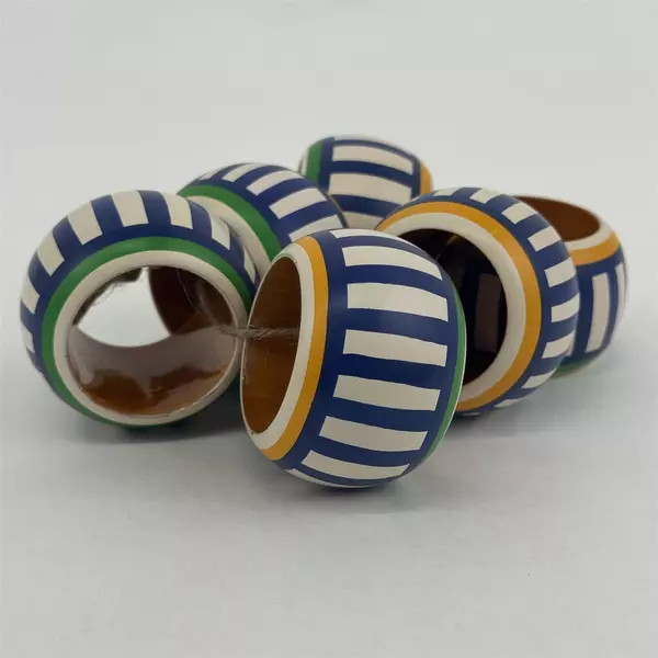 Set of 6 White Blue Striped Wooden Napkin Rings Hand Painted India