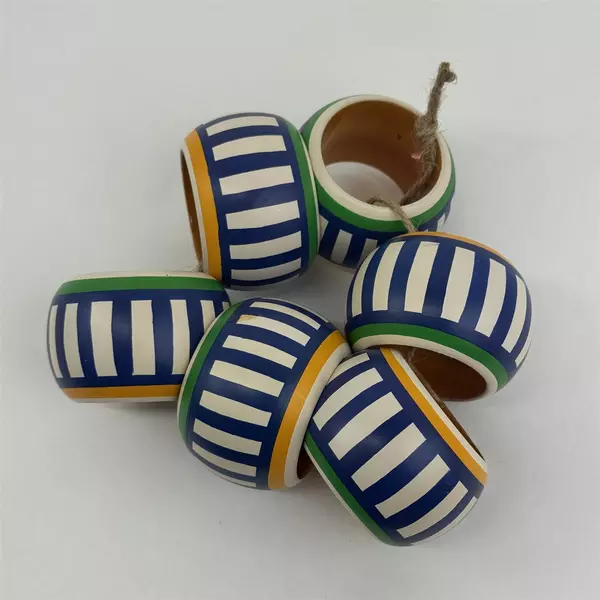 Set of 6 White Blue Striped Wooden Napkin Rings Hand Painted India