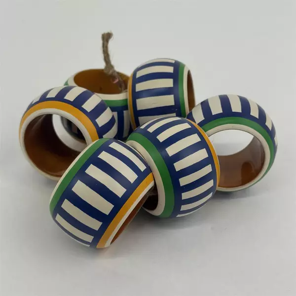 Set of 6 White Blue Striped Wooden Napkin Rings Hand Painted India
