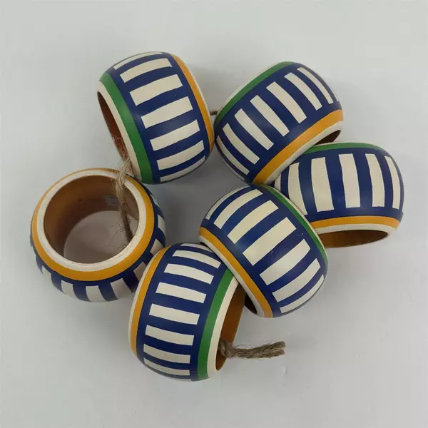 Set of 6 White Blue Striped Wooden Napkin Rings Hand Painted India