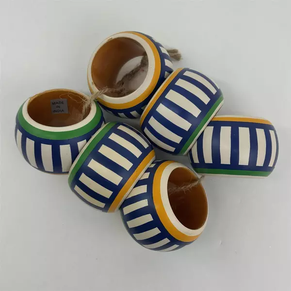 Set of 6 White Blue Striped Wooden Napkin Rings Hand Painted India